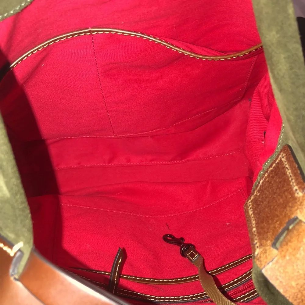 DOONEY BOURKE Olive Green Suede Hobo Bag Adjustable Brown Leather Shoulder Strap